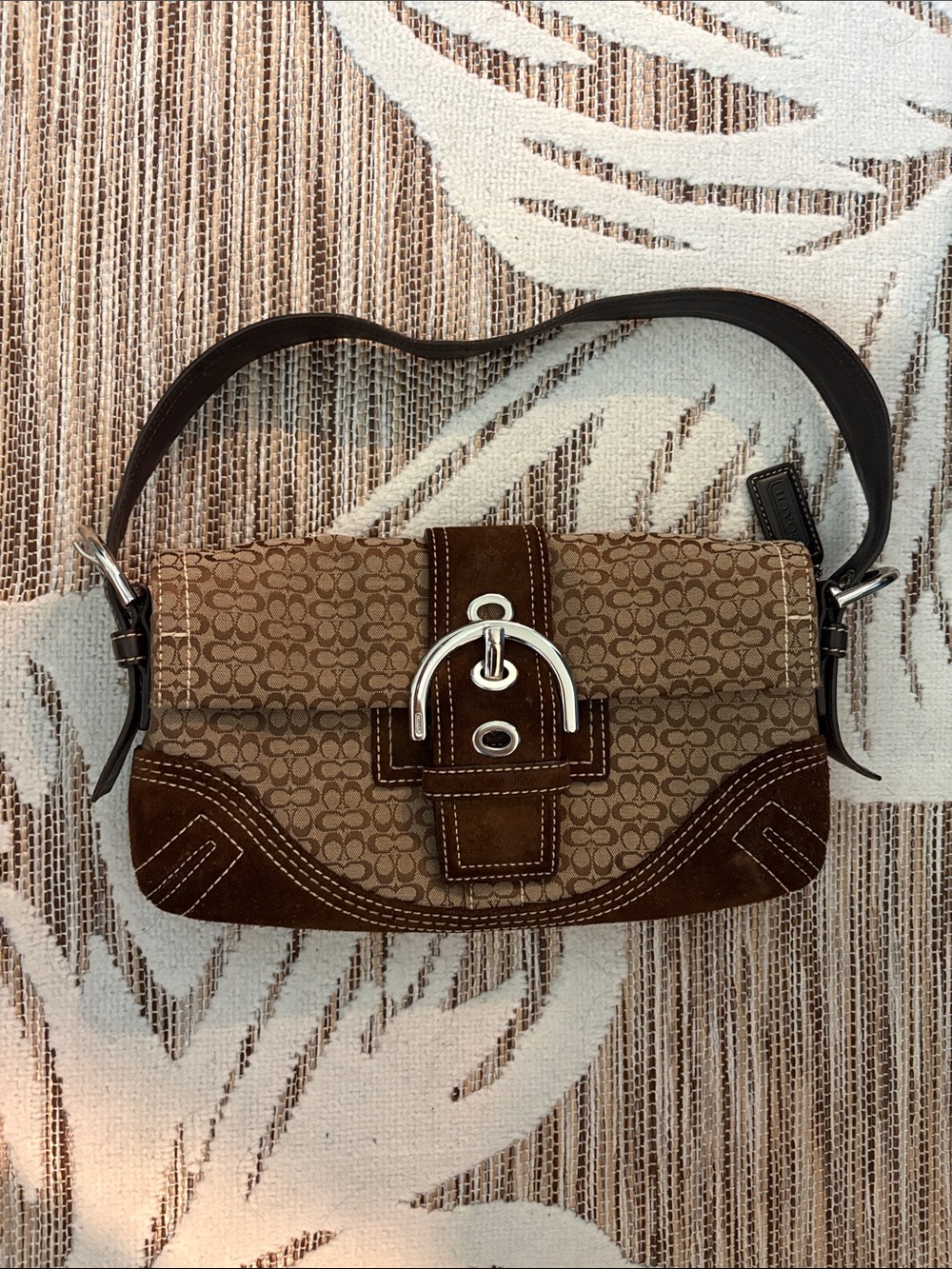 Coach Tan Signature Canvas and Brown Suede Shoulder Bag